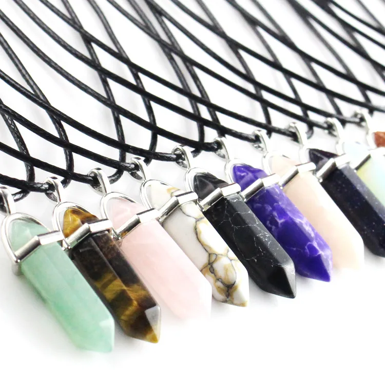 

Natural stone pendant leather rope necklace fashion natural crystal bullet hexagonal column necklace jewelry