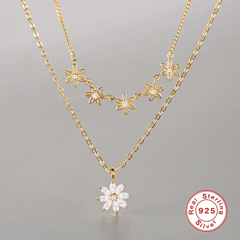 925 Sterling Silver Zircon Flower Pendant Necklace for Women Golden Double Layers Short Chain Necklaces Female Jewelry C40