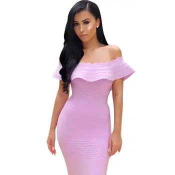 

2019 Dress Elegant Sexy Backless Slash Neck Pink Women Strapless Night Club Bandage Body con Seeveless Party Dresses Wholesale