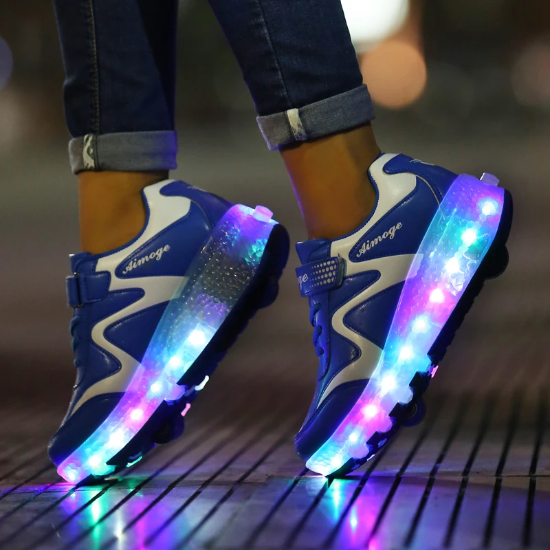 Цветной светодиодный светильник с двумя роликами; обувь для катания на коньках для женщин и мужчин; мигающие автоматические светящиеся Роликовые кроссовки; Детские светящиеся кроссовки