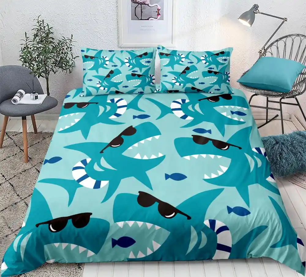 Cartoon Shark Duvet Cover Set Cartoon Animal Bedding Set For Kids Boys Bedspread Blue Marine Style Home Textiles 3pcs Queen Size Bedding Sets Aliexpress