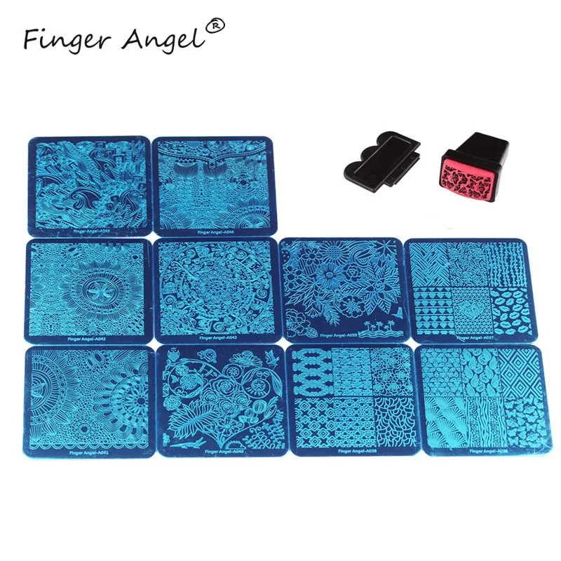 Placa da Arte do Unha Kits de Ferramentas Dedo Angel Quadrado Geléia Stamper Scraper Unha Art Stamping Placa Imagem Stencils Lm002 10 Pcs 5 Art Stamping Placa Imagem Stencils Kits de Ferramentas LM002