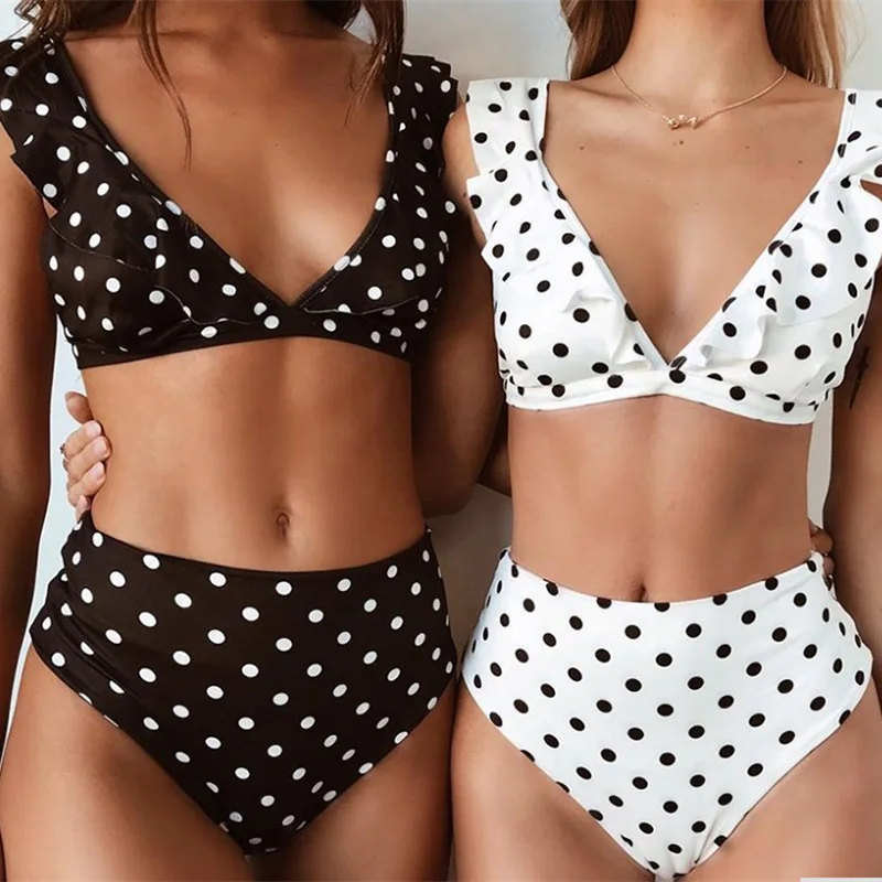 

Women Summer Print Bikini Top with Pants Deep V Neck Polka Dots Ruffled Bathing Suit BHD2
