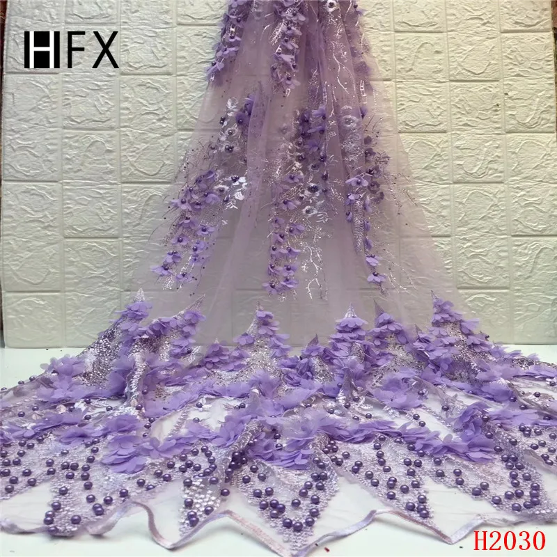 

HFX African lace fabric 2019 high quality lace 3D Flower Embroidery Tulle Lace Fabric With Beads French Lace 5 Yards Pink F2030