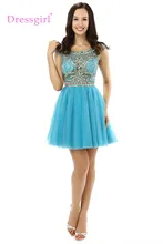 Dressgirl Durchsichtig Blau 2017 Homecoming Kleider A-linie Cap Sleeves Short Mini Tüll Wulstige Kristalle Cocktailkleider