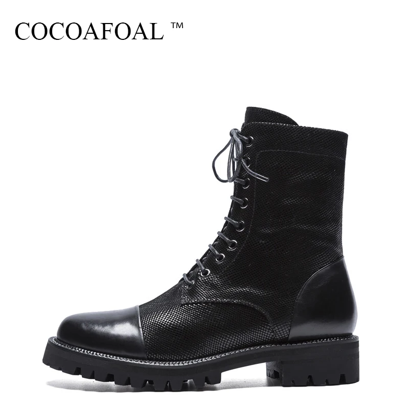 

COCOAFOAL Genuine Leather Lace Up Martin Boots Fashion Black Woman Flat With Shoes Winter Sheepskin Round Toe Chelsea Boots 2018