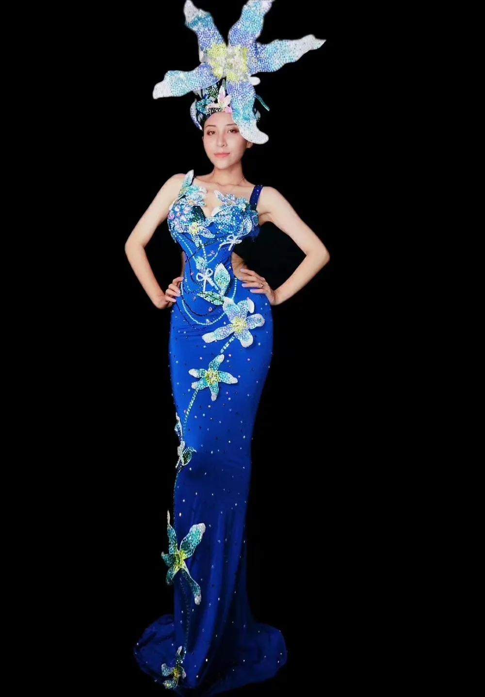 Сексуальный купальник голубое длинное платье блестящие стразы цветы платья со шлейфом вечерние Клубные сценические одна деталь Модель одежда для подиума DT391