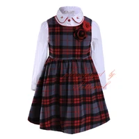 Pettigirl 2017New Girl England Style Clothing Set Long Sleeve Shirt Grid Dress With Flower O Neck