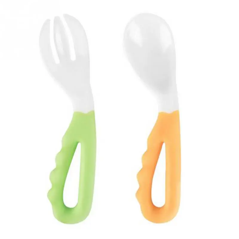 orange green Новинка, для малышей, легко держать в руке, для кормления ребенка, изогнутая ручка, ложка и вилка, посуда - Цвет: orange green