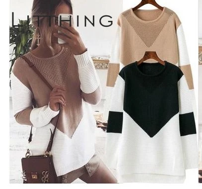 LITTHING 2019 Spring Basci Women Sweater Color Pactchwork O-neck Long Sleeve Fashion Pullovers Slim Fit Tops Femme | Женская одежда
