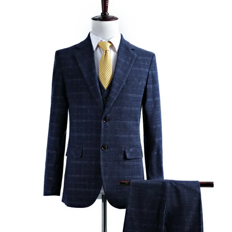 2018 New Fashion Brand Men Suit Blue Plaid Style Blazers Slim Wedding Prom Groom Male Suits