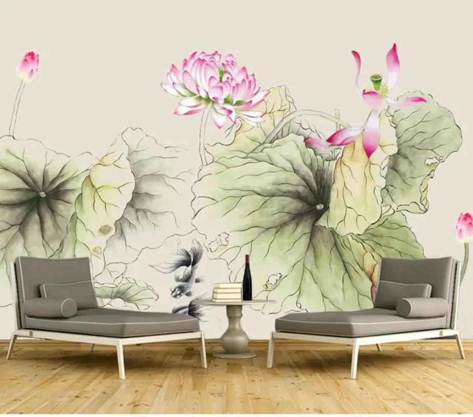 Chinese style hand-painted red lotus TV background wall modern wallpaper for living room Chinese style hand-painted red lotus TV background wall modern wallpaper for living room
