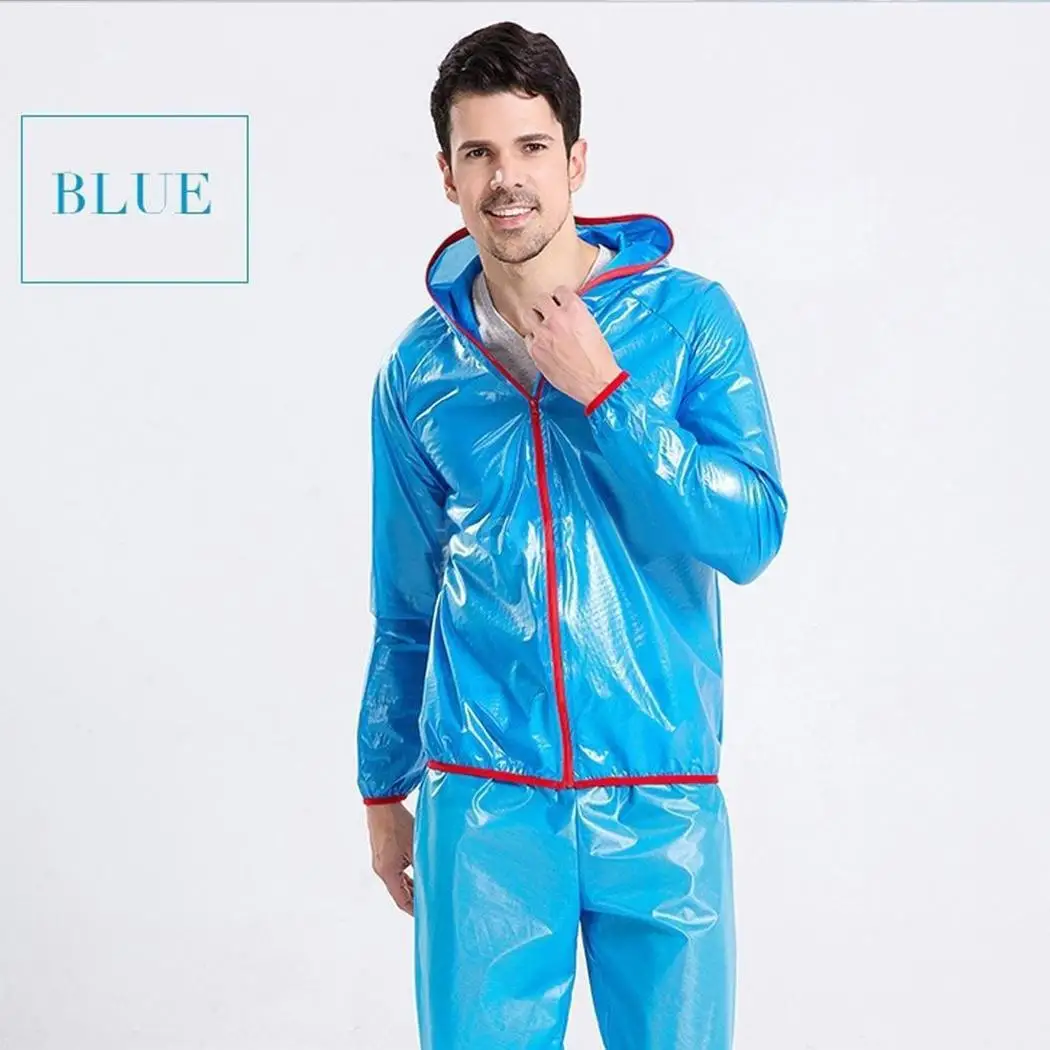 

Men Hooded Patchwork Waterproof Breathable Raincoat Set Cycling Rainsuit Storage Bags Outdoor Zip Front Zipper Long Sleeve Blue