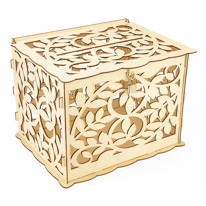 Hollow Carving Elegant Rustic Wedding Decoration Supplies Greeting Card Check-in Box DIY Wooden Money Box Craft with Lock