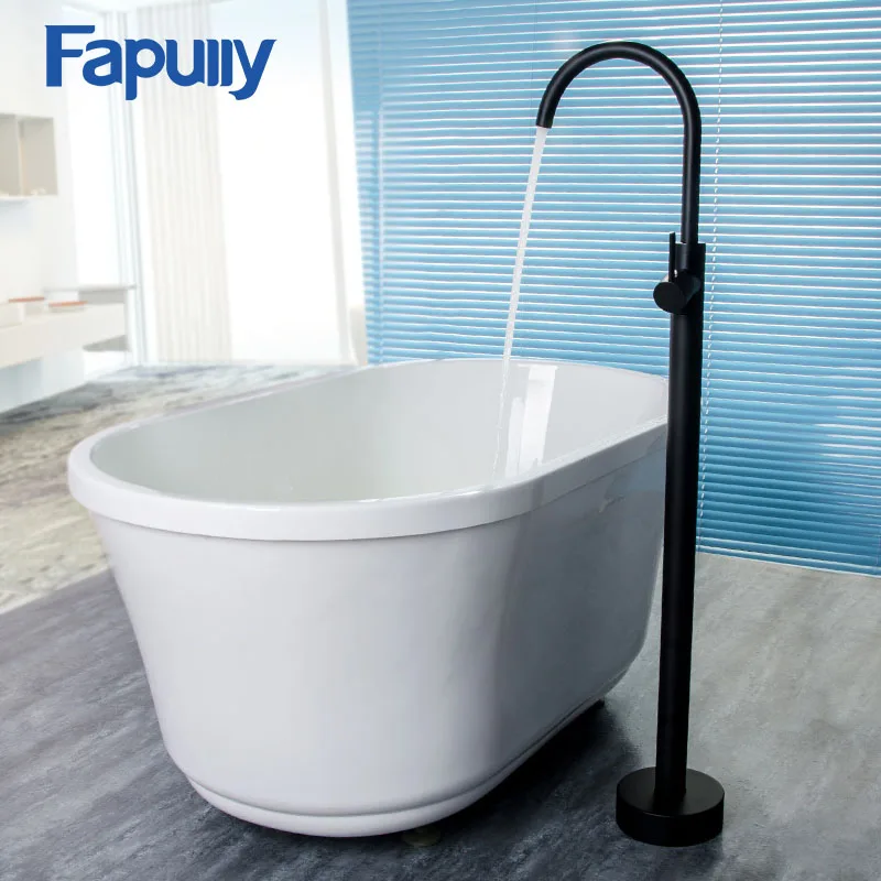  Fapully Bathroom Bath Tub Faucet Shower Floor Mounted Tub Filler Swivel Matte Black Bathtub Mixer F