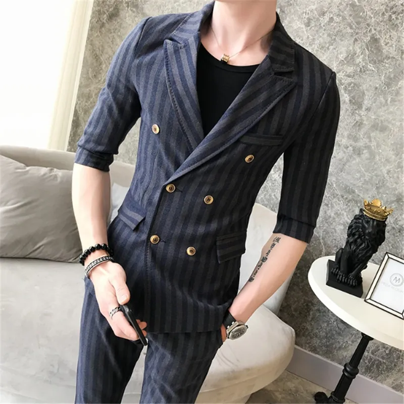 

Male Spring summer striped small suit men suit summer trend nightclub Slim middle sleeve suit suit male summer (shirt + pants)