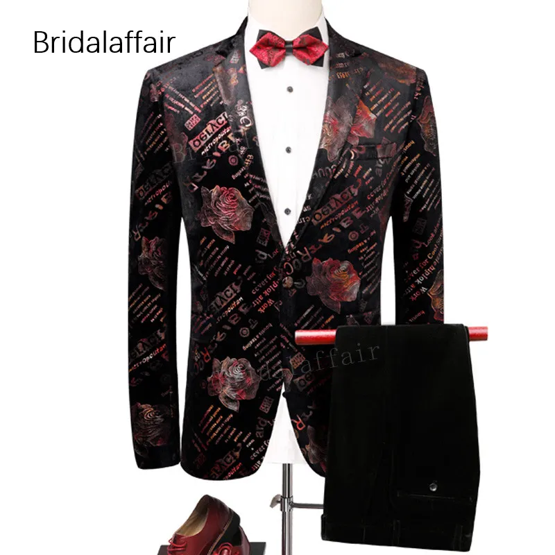 

KUSON Mens Suits Fashion Party Prom Wedding Tuxedos For Men Red Floral Printed Men Suit Blazer With Black Pants 2 Piece Set 2018