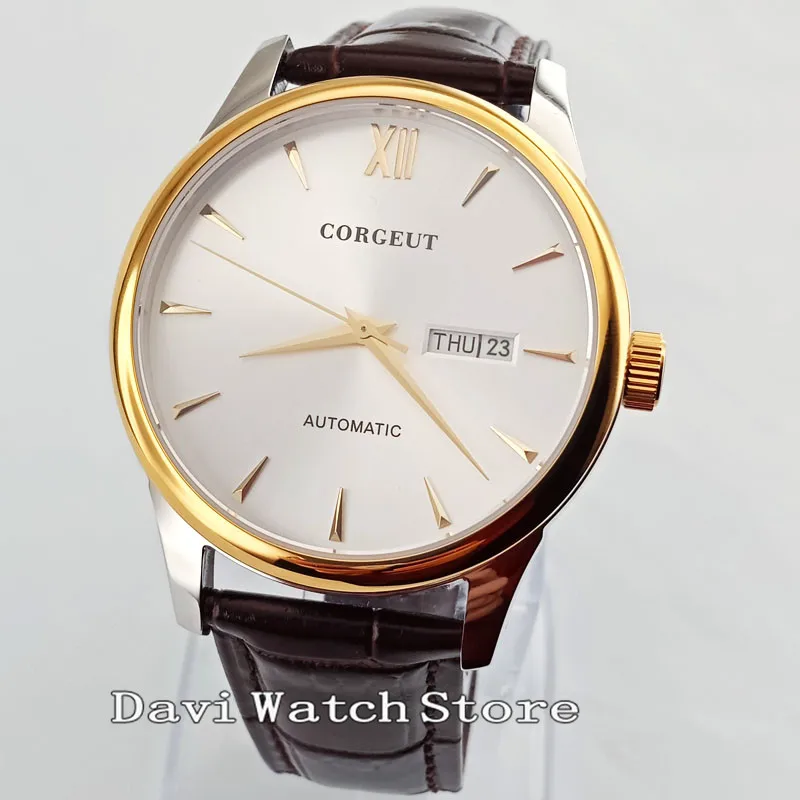 

40mm Corgeut White Dial Leather Band Automatic Men's Wristwatch Watch 2802
