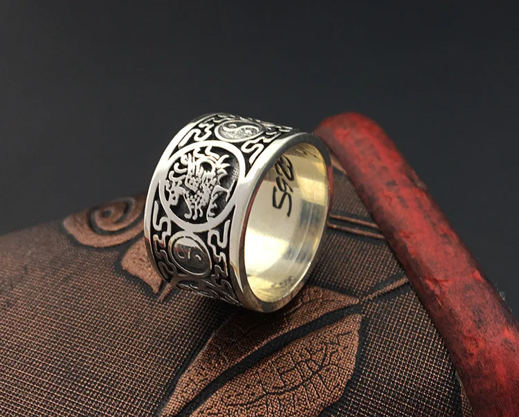 Цельное серебряное мужское кольцо 925, 12 мм, широкая полоса, резной китайский дракон, тигр, птица, Багуа, крутой модный 925 пробы, серебряные ювелирные изделия, мужские подарки