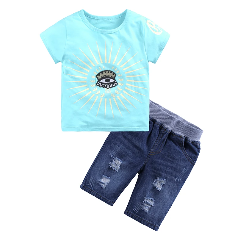 Коллекция года, повседневная детская одежда школьная одежда футболка с тигром для мальчиков топы+ джинсовые шорты летний комплект из 2 предметов с короткими рукавами
