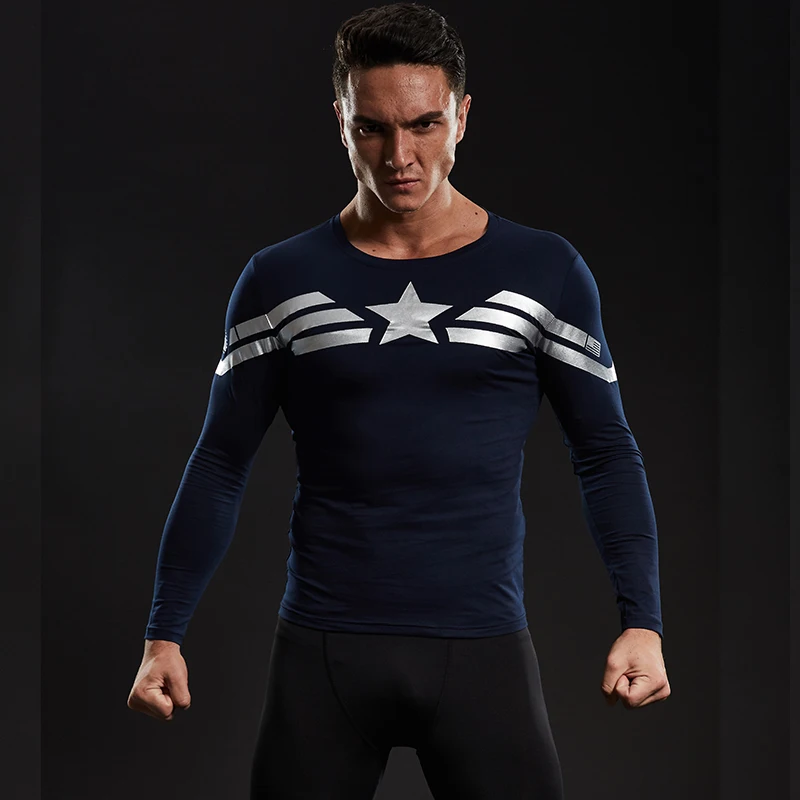 

Captain America Long Sleeve T-shirts For Men Cotton Lycra Civil War Avengers Cosplay Costume Fitness Clothing Tops For Male