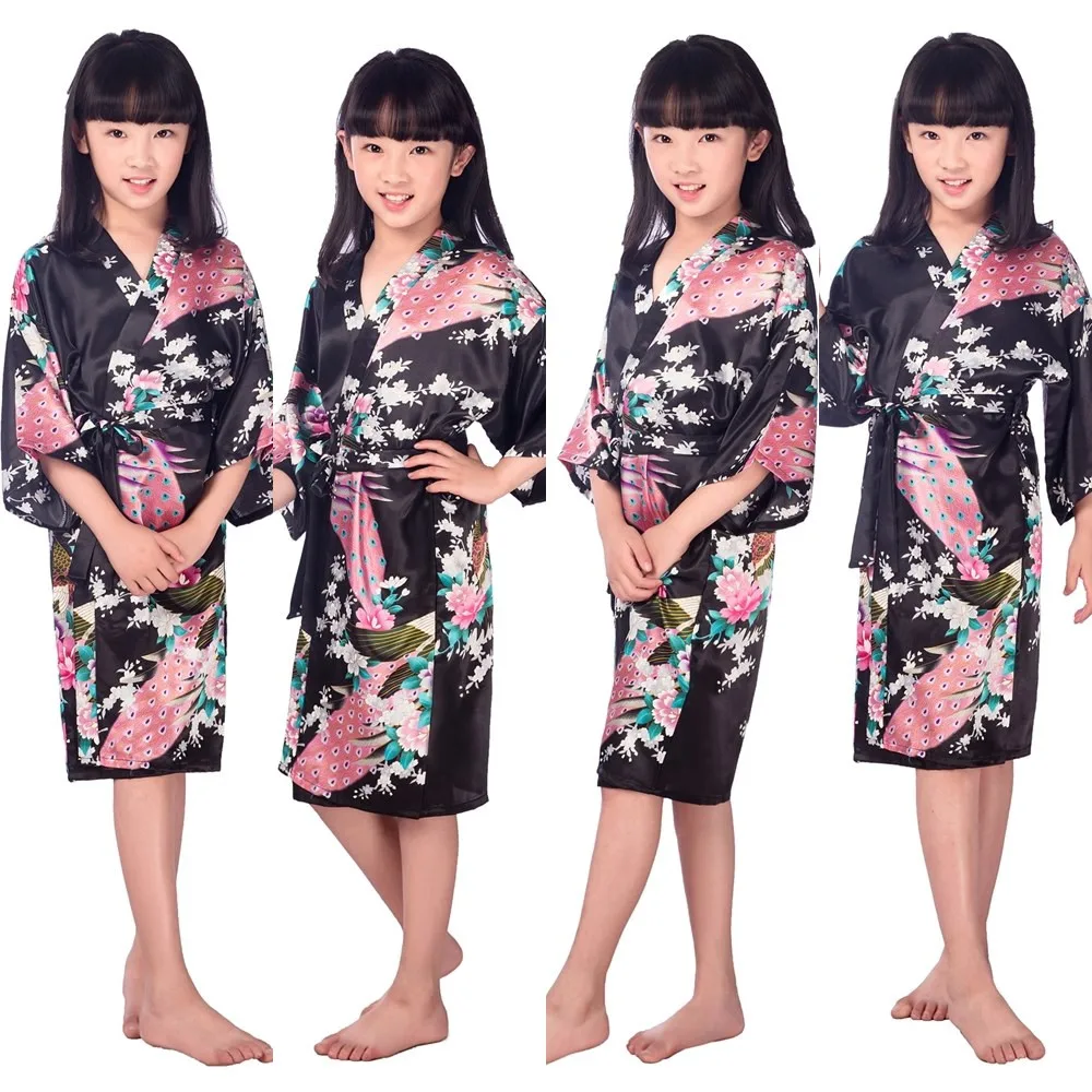 2017 New Black Silk Bathrobe child Satin Kimono Robes Floral Robes