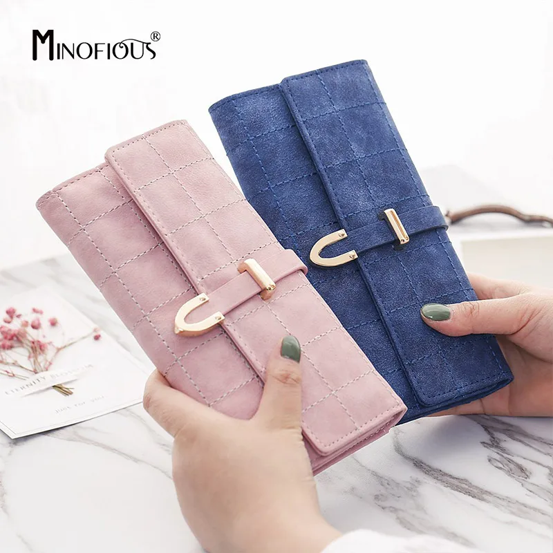MINOFIOUS Women PU Leather Mobile Wallet Matte leather Solid Long Wallets  Fashion Plaid Purses Multifunction Money Purse