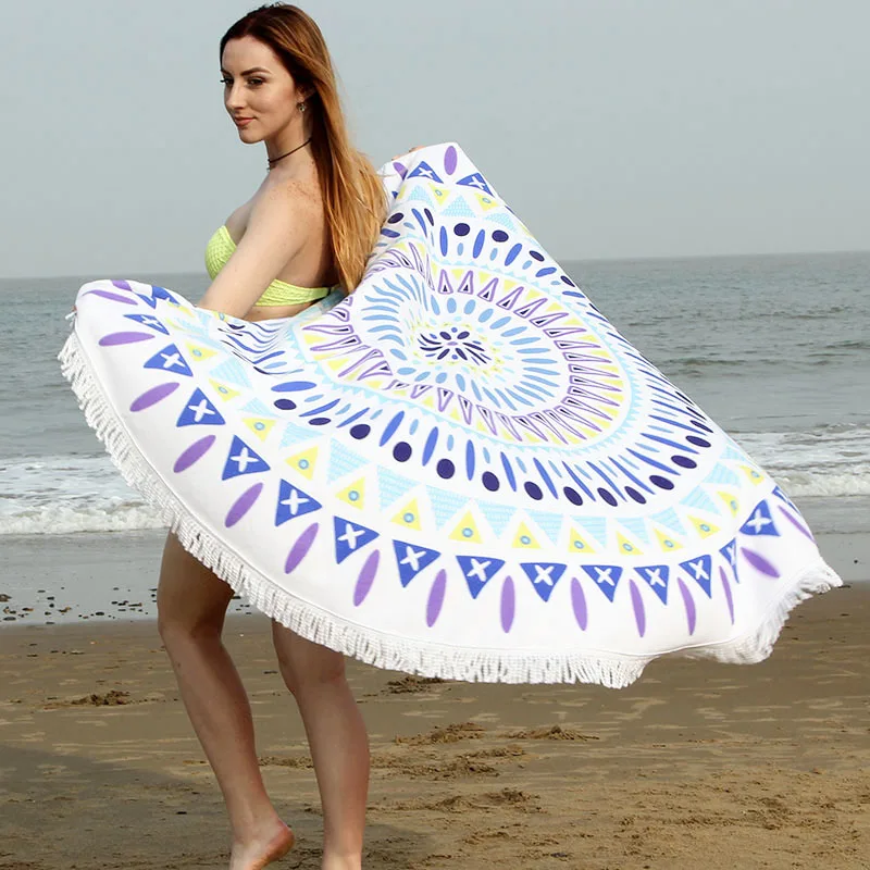 

Radial Geometric Printing Round Beach Towel 150cm Yoga Mate With Tassels Microfiber Practical Picnic Blanket 05