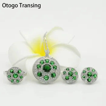 

Otogo Transing Fashion Wedding Bridal Green Crystal Women Round Design Jewelry Sets Silver Color Necklace/ Earrings/Rings S254