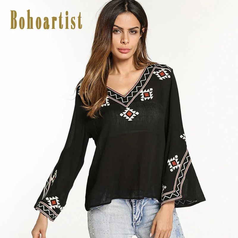 Bohoartist Women Blouse Spring Embroidered Flare Sleeve Pullover Shirts
