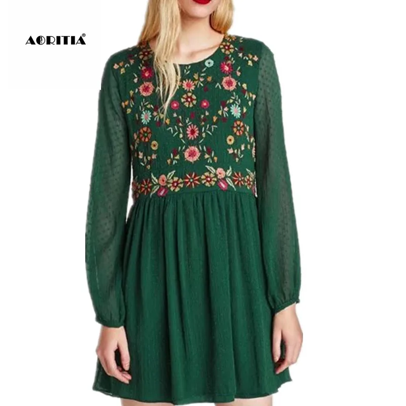 2017 Floral Embroidery Dress Women Lace Dresses Autumn O-Neck Hihg waist Dresses