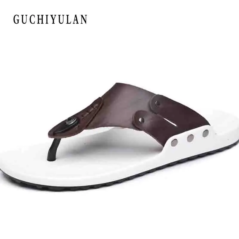 

Summer sandals cow Leather Breathable flip flops men fashion Style Male Beach Non-slide Male Handmade Slippers New Arrival