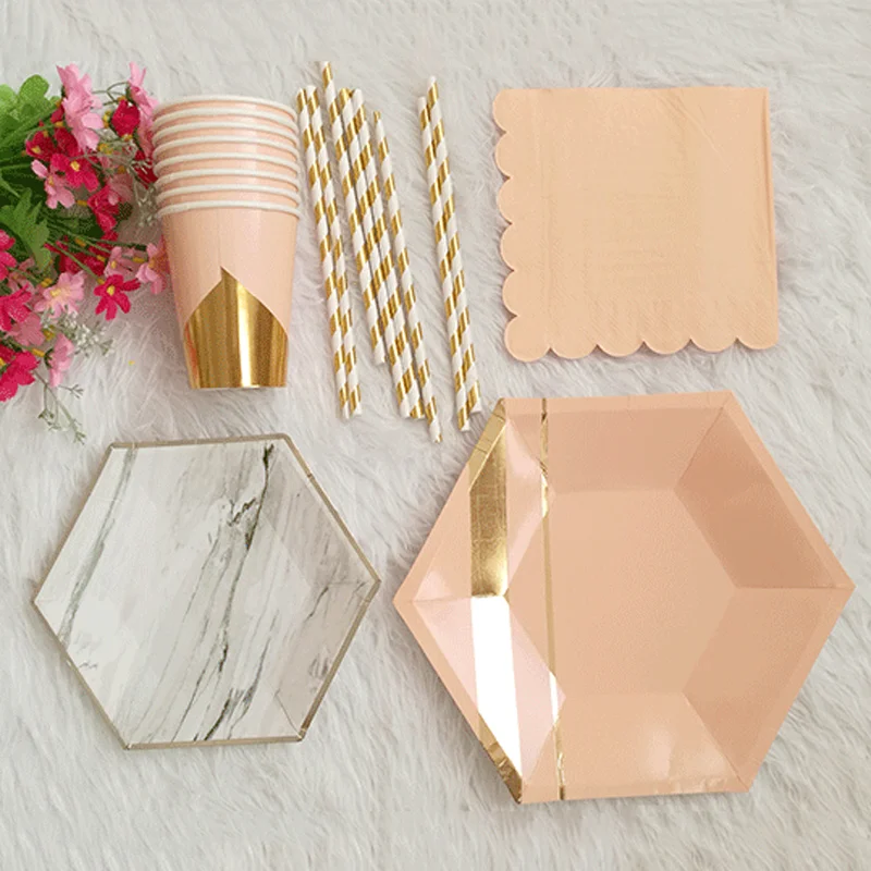 8/20Pcs European style party gold stamping plate birthday party disposable Marble Texture  tableware Plates Set