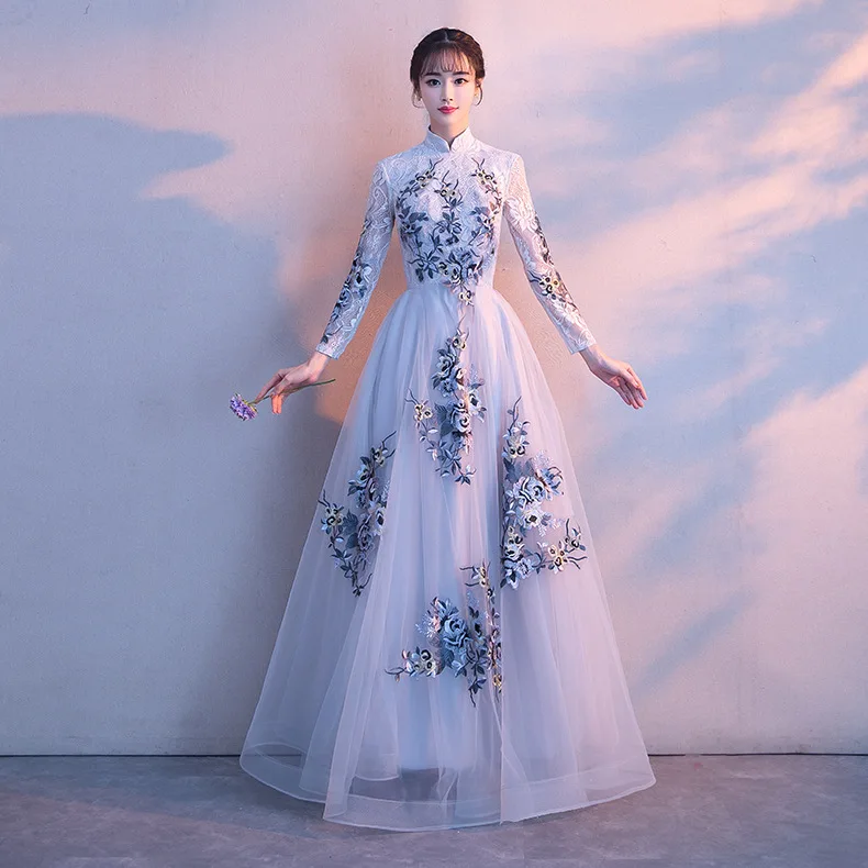 Розовое женское платье подружки невесты в китайском стиле, винтажное платье с вышивкой, Чонсам с цветами, Элегантное Длинное тонкое платье Qipao, а-силуэт, вечерние платья