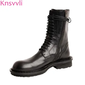 

Knsvvli New Lace Up Motorcycle Boots Women Black Genuine Leather Round Toe Casual Autumn Shoes Flat Heels Short Boots Woman