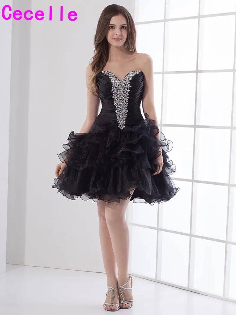 Little Black Short Cocktail Dresses Organza Ruffles Cheap Black