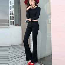 Эластичные Обтягивающие Брюки-клеш с высокой талией, женские брюки полной длины черного цвета, женские джинсы высокого качества, размер S-2XL