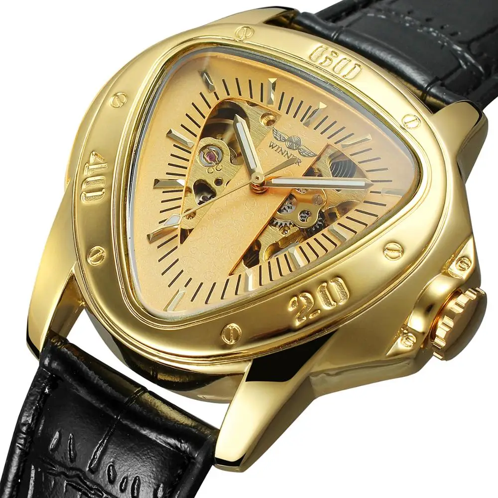 WINNER  Fashion creative triangle surface classic all golden and black belt three-pointer belt men wrist watch
