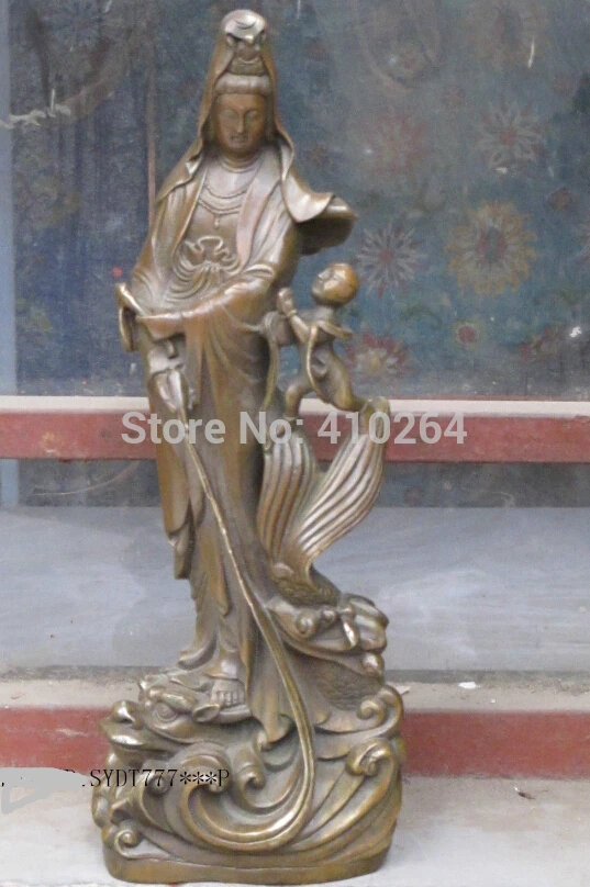 

Shipping 15"China Bronze hand-carved Nezha Guan yin Stand on dragon Fish Kwan yin statue