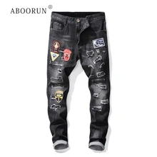 ABOORUN мужские рваные джинсы модные значки лоскутные джинсы обтягивающие джинсовые брюки-карандаш для мужчин R591
