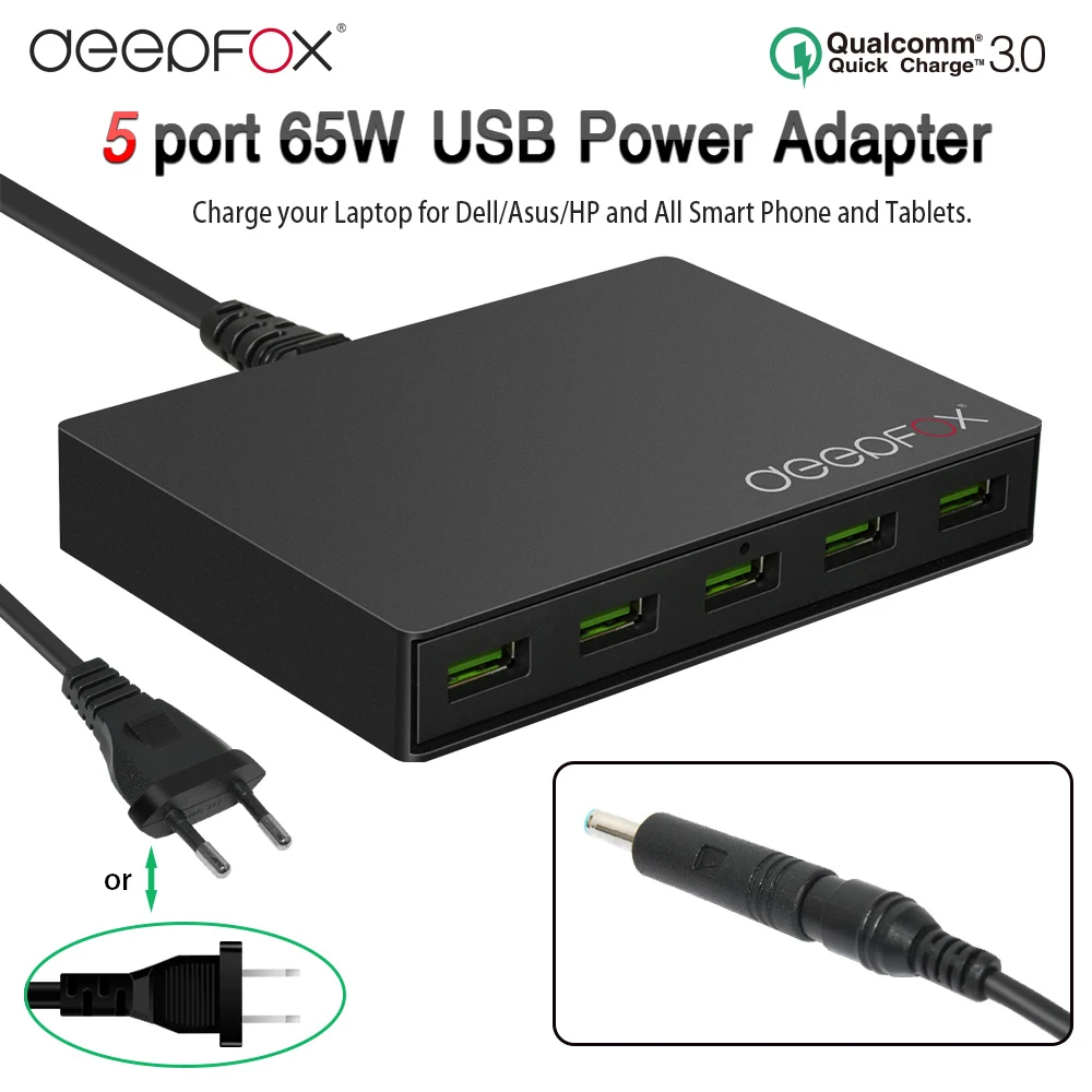 USB 5-Port Quick Charge 3.0 Travel Fast Charger Phone Charger Laptop Power Adapter For Dell ASUS HP Laptop