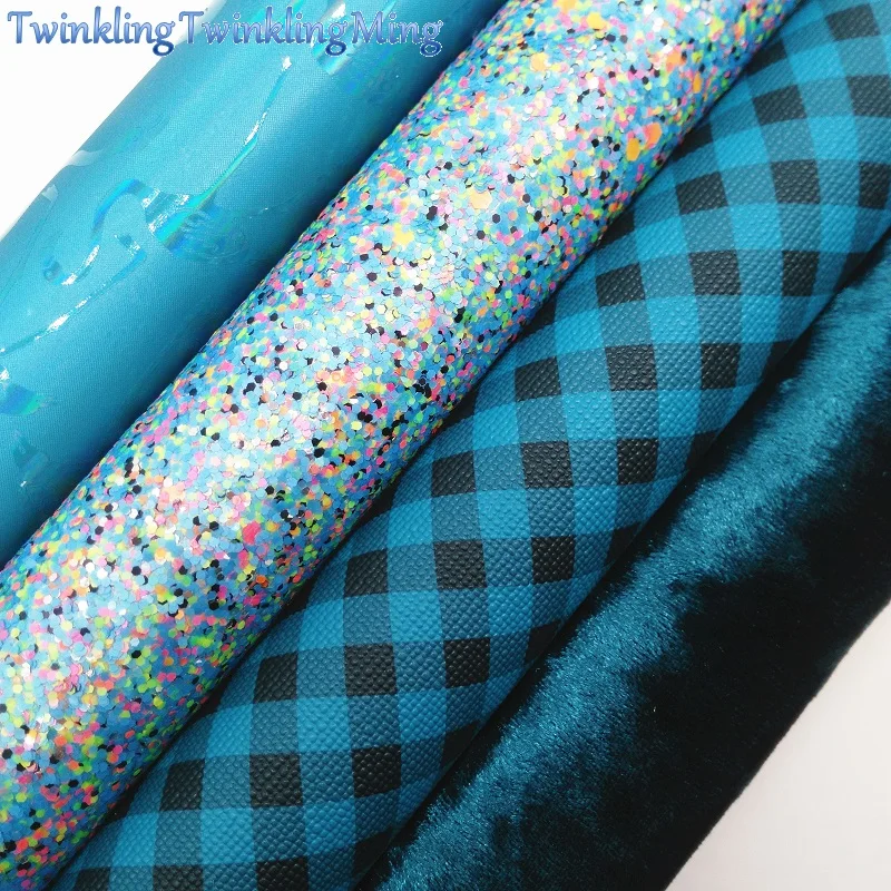 BLUE Glitter Fabric, Iridescent Flamingo Faux Leather Fabric, Synthetic Leather Sheets For Bows A4 8"x11" Twinkling Ming XM214