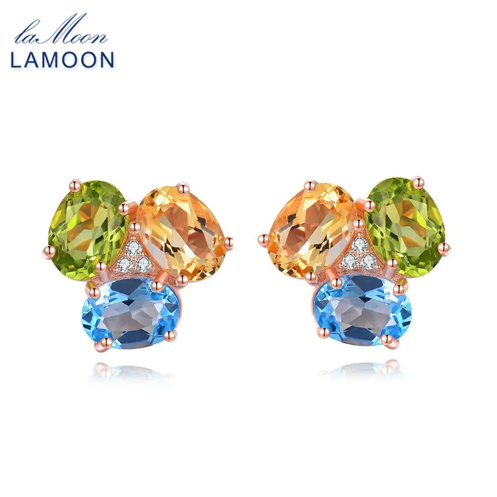 LAMOON 3pcs 3ct Oval Yellow Citrine Green Peridot Blue Topaz 925 sterling-silver-jewelry  Earring S925 LMEI037