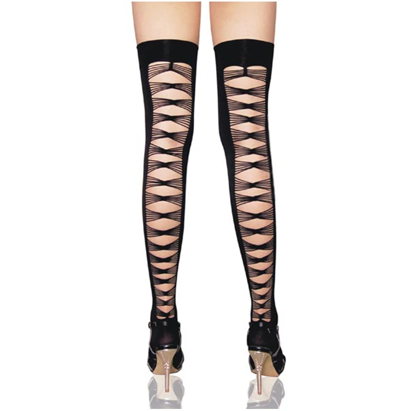 Women's Sexy Over Knee Socks Lace Straps Female Girls Sexy Party Stockings Cross Straps Black Stocking Clubwear Nightclub SW027