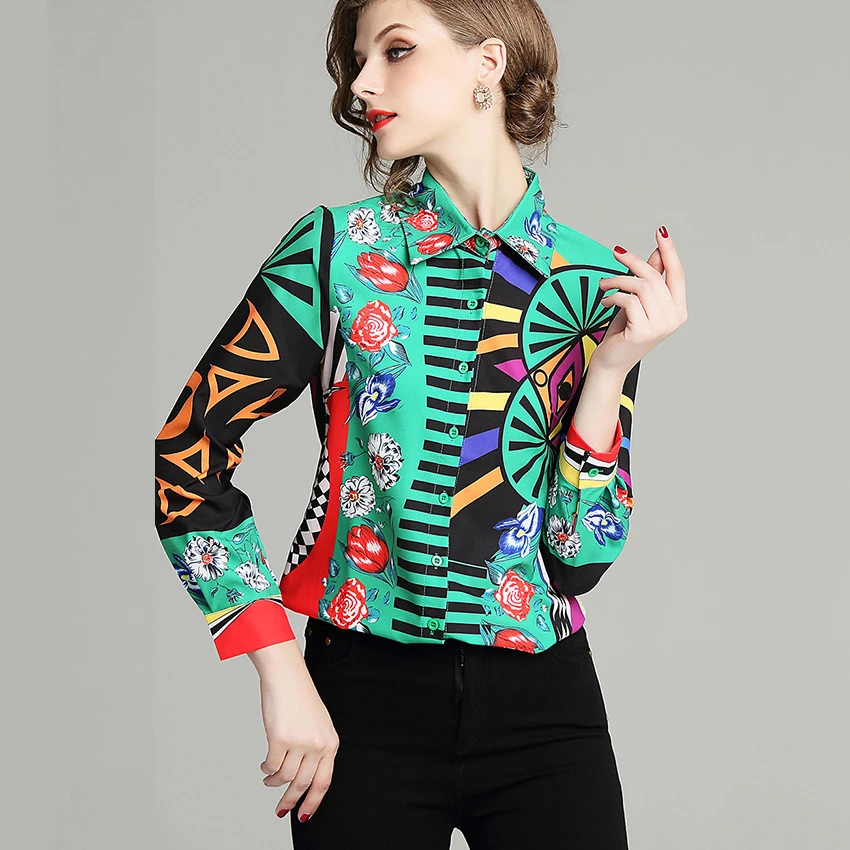 Retro Pattern Blouse Women Long sleeve Floral Striped Printed Shirts