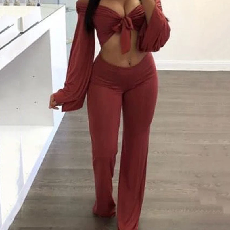 

2 piece women Suit Summer sexy short bow Cropped tops & long Width pants casual loose flare sleeve female Clothing
