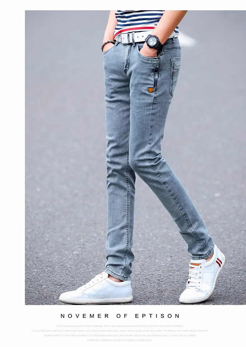 New Korean Style Men Jeans Grey Slim Skinny Man Biker Jeans with Zippers Designer Stretch Fashion
