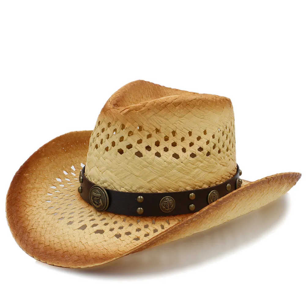 Модные женские туфли Западная ковбойская шляпа с модная кожаная лента для Женская соломянная; пляжные кепки для защиты от солнца сомбреро шляпа Федора Размеры 58 см A0129