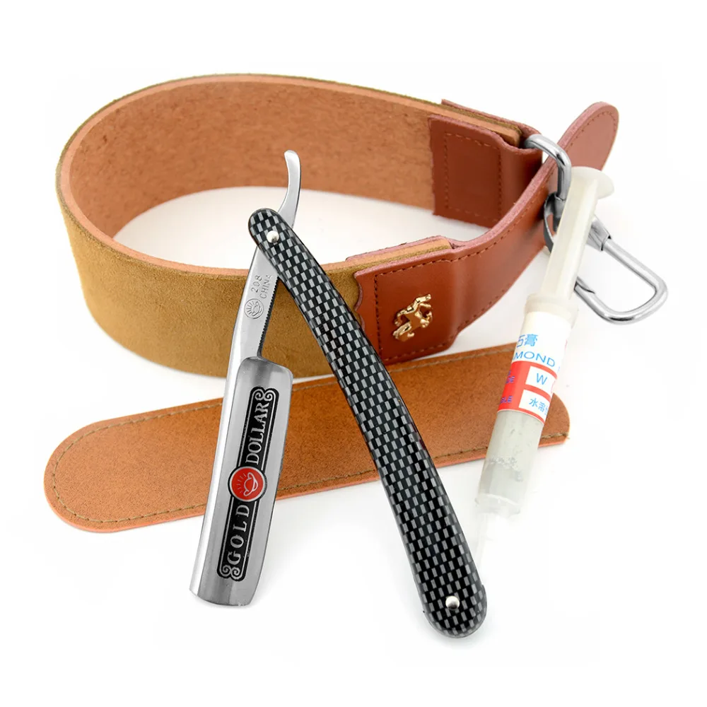 4pcs/set Old Straight Razor Shaving Set Cowhide Razor Strop Belt 10000 Polishing Paste +PU