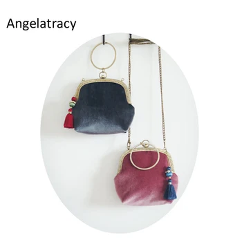 

Angelatracy 2018 Classical Velvet Tassel Women Bag Velvet Solid winter with Tassel Chinese Frame Bags Antique Vintage Retro